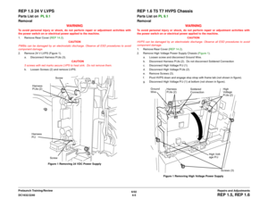 Page 4796/02
4-5 DC1632/2240
REP 1.5, REP 1.6Repairs and Adjustments Prelaunch Training/Review
REP 1.5 24 V LVPS Parts List on  PL 9.1 
Removal
WARNINGTo avoid personal injury or shock, do not perform repair or adjustment activities with
the power switch on or electrical power applied to the machine.
1. Remove Rear Cover (REP 14.2).
CAUTION
PWBís can be damaged by an electrostatic discharge. Observe all ESD procedures to avoid
component damage.
2. Remove 24 V LVPS (Figure 1).
a. Disconnect Harness P/Jís (3)....