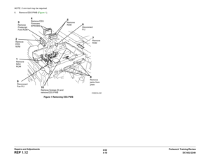 Page 4846/02
4-10DC1632/2240
REP 1.12
Prelaunch Training/Review Repairs and Adjustments NOTE: 5 mm tool may be required.
5. Remove ESS PWB (Figure 1). 
Figure 1 Removing ESS PWB
2Remove 
ESS 
NVM3Remove 
Postscript 
Font ROM
4Remove ESS 
Firmware 
EPROMS
5Remove 
RAM
1Remove 
MAC 
ROM
6Disconnect 
P/J
9Disconnect 
Fan P/J
10Remove Screws (9) and 
remove ESS PWB
8Remove 
jacks from 
plate7Remove 
RAM 