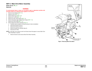 Page 4876/02
4-13 DC1632/2240
REP 4.1
Repairs and Adjustments Prelaunch Training/Review
REP 4.1 Main Drive Motor AssemblyParts List on  PL 1.1 
Removal
WARNINGTo avoid personal injury or shock, do not perform repair or adjustment activities with
the power switch on or electrical power applied to the machine.
1. Remove Fuser Module (REP 10.1). 
2. Remove Tray 5 (REP 7.1).
3. Remove Rear Cover (REP 14.2).
4. Remove 24 V LVPS (REP 1.5).
5. Remove 24 VDC LVPS Chassis (REP 1.9).
6. Remove Developer High Voltage Power...