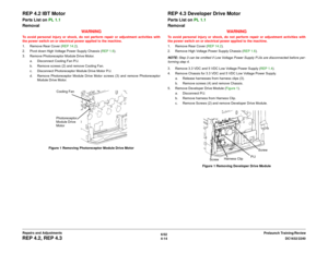 Page 4886/02
4-14DC1632/2240
REP 4.2, REP 4.3
Prelaunch Training/Review Repairs and Adjustments
REP 4.2 IBT MotorParts List on PL 1.1
Removal
WARNINGTo avoid personal injury or shock, do not perform repair or adjustment activities with
the power switch on or electrical power applied to the machine.
1. Remove Rear Cover (REP 14.2).
2. Pivot down High Voltage Power Supply Chassis (REP 1.6).
3. Remove Photoreceptor Module Drive Motor.
a. Disconnect Cooling Fan P/J.
b. Remove screws (2) and remove Cooling Fan.
c....