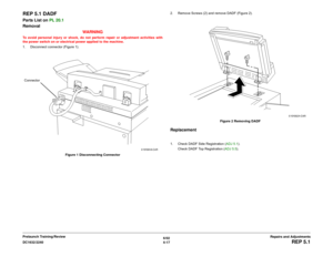 Page 4916/02
4-17 DC1632/2240
REP 5.1
Repairs and Adjustments Prelaunch Training/Review
REP 5.1 DADFParts List on PL 20.1
Removal
WARNINGTo avoid personal injury or shock, do not perform repair or adjustment activities with
the power switch on or electrical power applied to the machine.
1. Disconnect connector (Figure 1).
Figure 1 Disconnecting Connector2. Remove Screws (2) and remove DADF (Figure 2).
Figure 2 Removing DADF
Replacement1. Check DADF Side Registration (ADJ 5.1).
Check DADF Top Registration (ADJ...