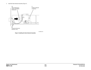 Page 5026/02
4-28DC1632/2240
REP 5.10
Prelaunch Training/Review Repairs and Adjustments 2. Install Set Gate Solenoid Assembly (Figure 3)
Figure 3 Installing Set Gate Solenoid Assembly
1Position Solenoid 
on Screws
2Move Solenoid as 
shown and tighten 
Screws (2)3Connect and secure 
harness in clip 