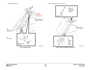 Page 5086/02
4-34DC1632/2240
REP 5.15
Prelaunch Training/Review Repairs and Adjustments 3. Remove Gate (Figure 2).
Figure 2 Removing Gate4. Remove Registration Pinch Roll (Figure 3).
Figure 3 Removing Registration Pinch Roll
1Observe position 
of Springs
3Remove 
Screws (2)
4Remove Gate while 
containing Springs
2Close DADFCAUTION
Plastic edge on 
Gate is fragile
2Remove 
C Clip 
and 
longer 
Spring1Remove C 
Clip, shorter 
Spring, and 
Bearing
3Remove Regis-
tration Pinch Roll 