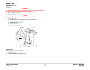 Page 5156/02
4-41 DC1632/2240
REP 6.1
Repairs and Adjustments Prelaunch Training/Review
REP 6.1 ROSParts List on PL 3.1
Removal
WARNINGTo avoid personal injury or shock, do not perform repair or adjustment activities with
the power switch on or electrical power applied to the machine.
1. Remove Right Cover (REP 14.3). 
2. Remove Rear Cover (REP 14.2).
CAUTION
Image quality defects result if covers on ROS cleaning openings are removed.
3. Remove ROS (Figure 1).
a. Carefully observe position of wiring harness for...