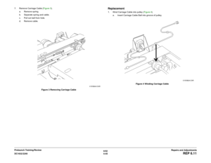 Page 5196/02
4-45 DC1632/2240
REP 6.11
Repairs and Adjustments Prelaunch Training/Review 7. Remove Carriage Cable (Figure 3).
a. Remove spring.
b. Separate spring and cable.
c. Pull out ball from hole.
d. Remove cable.
Figure 3 Removing Carriage Cable
Replacement1. Wind Carriage Cable into pulley (Figure 4).
a. Insert Carriage Cable Ball into groove of pulley. 
Figure 4 Winding Carriage Cable 