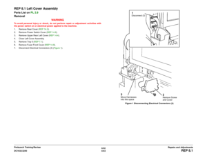 Page 5376/02
4-63 DC1632/2240
REP 8.1
Repairs and Adjustments Prelaunch Training/Review
REP 8.1 Left Cover AssemblyParts List on PL 2.9
Removal
WARNINGTo avoid personal injury or shock, do not perform repair or adjustment activities with
the power switch on or electrical power applied to the machine.
1. Remove Rear Cover (REP 14.2). 
2. Remove Power Switch Cover (REP 14.6).
3. Remove Upper Rear Left Cover (REP 14.4). 
4. Close Left Cover Assembly.
5. Remove Tray 5 (REP 7.1).
6. Remove Fuser Front Cover (REP...