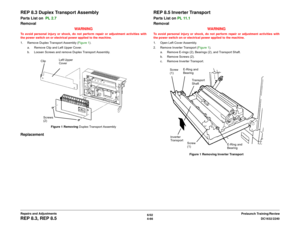 Page 5406/02
4-66DC1632/2240
REP 8.3, REP 8.5
Prelaunch Training/Review Repairs and Adjustments
REP 8.3 Duplex Transport AssemblyParts List on  PL 2.7 
Removal
WARNINGTo avoid personal injury or shock, do not perform repair or adjustment activities with
the power switch on or electrical power applied to the machine.
1. Remove Duplex Transport Assembly (Figure 1). 
a. Remove Clip and Left Upper Cover.
b. Loosen Screws and remove Duplex Transport Assembly.
Figure 1 Removing Duplex Transport AssemblyReplacement
REP...