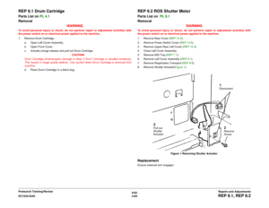 Page 5436/02
4-69 DC1632/2240
REP 9.1, REP 9.2Repairs and Adjustments Prelaunch Training/Review
REP 9.1 Drum CartridgeParts List on PL 4.1
Removal
WARNINGTo avoid personal injury or shock, do not perform repair or adjustment activities with
the power switch on or electrical power applied to the machine.
1. Remove Drum Cartridge.
a. Open Left Cover Assembly.
b. Open Front Cover.
c. Actuate orange release and pull out Drum Cartridge.
CAUTION
Drum Cartridge photoreceptor damage is likely if Drum Cartridge is...