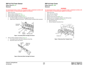 Page 5456/02
4-71 DC1632/2240
REP 9.5, REP 9.6Repairs and Adjustments Prelaunch Training/Review
REP 9.5 Full Toner SensorParts List on PL 4.1
Removal
WARNINGTo avoid personal injury or shock, do not perform repair or adjustment activities with
the power switch on or electrical power applied to the machine.
1. Open Front Cover.
2. Remove Waste Cartridge (REP 9.4). 
3. Remove Waste Cartridge Cover (REP 9.3). 
4. Access Waste Cartridge Full Sensor (Figure 1).
a. Lift Left End slightly and pull left to disengage...