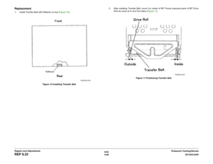 Page 5626/02
4-88DC1632/2240
REP 9.22
Prelaunch Training/Review Repairs and Adjustments
Replacement1. Install Transfer Belt with Reflector at rear (Figure 10). 
Figure 10 Installing Transfer Belt 2. After installing Transfer Belt, move it to center of IBT Frame (exposed parts of IBT Drive
Roll are same at In and Out sides) (Figure 11). 
Figure 11 Positioning Transfer Belt
Reflector 