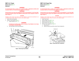 Page 5696/02
4-95 DC1632/2240
REP 10.1, REP 10.2
Repairs and Adjustments Prelaunch Training/Review
REP 10.1 FuserParts List on PL 7.1
Removal
WARNINGTo avoid personal injury or shock, do not perform repair or adjustment activities with
the power switch on or electrical power applied to the machine.
WARNING
Personal injury may result from grasping hot areas of Fuser Module. If a hot Fuser Mod-
ule must be removed, grasp Fuser Module by black plastic frame component, shown in
figure (Figure 1). 
CAUTION
Damage to...