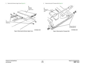 Page 5756/02
4-101 DC1632/2240
REP 12.2
Repairs and Adjustments Prelaunch Training/Review 5. Remove the Entrance Upper Cover (Figure 3) 
Figure 3 Removing the Entrance Upper Cover6. Remove the input H Transport Roll (Figure 4). 
Figure 4 Removing the H Transport Roll
1Remove 
Screws (4)
2Remove 
Entrance 
Upper Cover
1Remove Clips (2) 
and Bearings (2)
2Remove H 
Transport 
Roll 