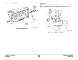 Page 5836/02
4-109 DC1632/2240
REP 12.6
Repairs and Adjustments Prelaunch Training/Review 8. Remove Eject Shaft (Figure 7). 
Figure 7 Removing Eject Shaft
ReplacementNOTE: When replacing Feed Roll or Eject Shaft, replace them simultaneously.  
NOTE: When installing the Clutch, ensure to insert the Stop into Clutch grooves (Figure 8). 
Figure 8 Inserting Stop into Clutch Grooves
1Remove 
Clip and 
Gear2Remove 
Clip Bear-
ing on both 
sides
3Remove 
Eject Shaft 