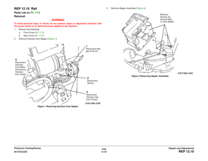 Page 5896/02
4-115 DC1632/2240
REP 12.10
Repairs and Adjustments Prelaunch Training/Review
REP 12.10  RailParts List on PL 17.9
Removal
WARNINGTo avoid personal injury or shock, do not perform repair or adjustment activities with
the power switch on or electrical power applied to the machine.
1. Remove the following:
a. Front Cover (PL 17.5)
b. Rear Cover (PL 17.5)
2. Remove Harness from Stapler (Figure 1). 
Figure 1 Removing Harness from Stapler3. Remove Stapler Assembly (Figure 2). 
Figure 2 Removing Stapler...