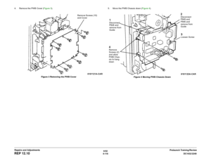 Page 5906/02
4-116DC1632/2240
REP 12.10
Prelaunch Training/Review Repairs and Adjustments 4. Remove the PWB Cover (Figure 3). 
Figure 3 Removing the PWB Cover5. Move the PWB Chassis down (Figure 4). 
Figure 4 Moving PWB Chassis Down
Remove Screws (10) 
and Cover
1Disconnect 
P848 and 
remove from 
Guide
2Disconnect 
P849 and 
P846 and 
remove from 
Guide3Loosen Screw
4Remove 
Screws (2) 
and allow 
PWB Chas-
sis to hang 
down 