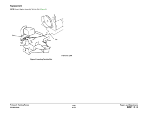 Page 5956/02
4-121 DC1632/2240
REP 12.11
Repairs and Adjustments Prelaunch Training/Review
ReplacementNOTE: Insert Stapler Assembly Tab into Slot (Figure 3). 
Figure 3 Inserting Tab into Slot
Ta b
Slot 