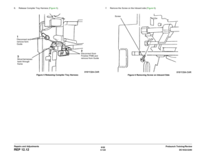 Page 5986/02
4-124DC1632/2240
REP 12.12
Prelaunch Training/Review Repairs and Adjustments 6. Release Compiler Tray Harness (Figure 5). 
Figure 5 Releasing Compiler Tray Harness7. Remove the Screw on the Inboard side (Figure 6). 
Figure 6 Removing Screw on Inboard Side
1Disconnect and 
remove form 
Guide
2Disconnect from 
Finisher PWB and 
remove from Guide
3Move harnesses 
back through 
frame
Screw 