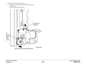 Page 6016/02
4-127 DC1632/2240
REP 12.13
Repairs and Adjustments Prelaunch Training/Review 4. Remove the Stacker Motor Assembly (Figure 3). 
a. Remove the screws (3) while sliding the PWB Chassis upward. 
b. Slide the Gear.
c. Remove the Stacker Motor Assembly.  
Figure 3 Removing Stacker Motor Assembly
1Lift PWB Chassis 
and Remove 
Screws (2)
2Remove 
Screw 
(1)
3Move 
Gear and 
Remove 
Stacker 
Motor
Discon-
nect P/J 