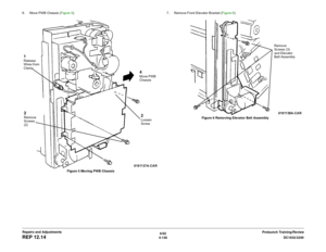 Page 6046/02
4-130DC1632/2240
REP 12.14
Prelaunch Training/Review Repairs and Adjustments 6. Move PWB Chassis (Figure 5). 
Figure 5 Moving PWB Chassis7. Remove Front Elevator Bracket (Figure 6). 
Figure 6 Removing Elevator Belt Assembly
1Release 
Wires from 
Clamp
2Loosen 
Screw
2Remove 
Screws 
(2)
4Move PWB 
Chassis
Remove 
Screws (3) 
and Elevator 
Belt Assembly 