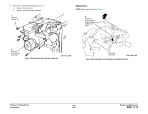 Page 6116/02
4-137 DC1632/2240
REP 12.18
Repairs and Adjustments Prelaunch Training/Review 4. Remove the Cam Bracket Assembly (Figure 3). 
a. Remove the Screws (4).
b. Remove the Cam Bracket Assembly.
Figure 3 Removing the Cam Bracket Assembly
ReplacementNOTE: During assembly, refer to Figure 4. 
Figure 4 Inserting Axle of Cam Bracket Assembly into Hole
1Remove 
Screws (4)2Remove 
Cam Bracket 
Assembly
2Align Axle 
with Hole
1Raise Top 
Cover to raise 
Roller while 
performing 
step 2 