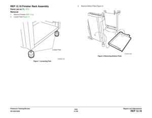 Page 6136/02
4-139 DC1632/2240
REP 12.19
Repairs and Adjustments Prelaunch Training/Review
REP 12.19 Finisher Rack AssemblyParts List on PL 17.1
Removal1. Remove Finisher (REP 12.4). 
2. Loosen Feet (Figure 1). 
Figure 1 Loosening Feet3. Remove Bottom Plate (Figure 2).
Figure 2 Removing Bottom Plate
Loosen Feet 