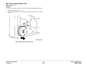 Page 6156/02
4-141 DC1632/2240
REP 12.20
Repairs and Adjustments Prelaunch Training/Review
REP 12.20 Lowering Stacker TrayParts List on PL 17.1 
PurposeIf the need arises to lower the Stacker Tray quickly or without power applied perform following:
1. Remove Finisher Rear Cover (PL 17.5). 
2. While holding the Stacker Tray, move the gear outward and the Stacker Tray is released
(Figure 1).
Figure 1 Moving Gear to Lower Stack Tray 