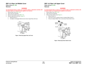 Page 6196/02
4-145 DC1632/2240
REP 14.4, REP 14.5
Repairs and Adjustments Prelaunch Training/Review
REP 14.4 Rear Left Middle CoverParts List on PL 10.3
Removal
WARNINGTo avoid personal injury or shock, do not perform repair or adjustment activities with
the power switch on or electrical power applied to the machine.
1. Remove Rear Cover (REP 14.2). 
2. Open Left Cover Assembly.
3. Remove Power Switch Cover (REP 14.5). 
4. Remove Upper Rear Left Cover  (Figure 1).
a. Remove Screw (1).
b. Lift slightly to...