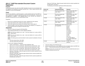Page 6346/02
4-160DC1632/2240
ADJ 5.7
Prelaunch Training/Review Repairs and Adjustments
ADJ 5.7  DADF Non-standard Document Custom 
RegistrationPurposePreliminary-Document sizes other than DADF detectable document size (non-standard size)
are registered and transported as standard document size.  Hence, special document sizes
specified by a user can be transported.CheckDocument size detection is performed based on custom-registered data and the DADF pro-
cess is performed by making the specified document sizes...