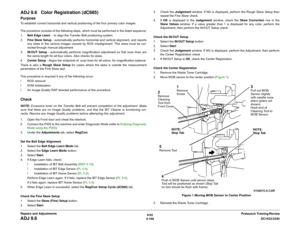 Page 6426/02
4-168DC1632/2240
ADJ 9.6
Prelaunch Training/Review Repairs and Adjustments
ADJ 9.6   Color Registration (dC685)PurposeTo establish correct horizontal and vertical positioning of the four primary color images
The procedure consists of the following steps, which must be performed in the listed sequence:
1.Belt Edge Learn  - to align the Transfer Belt positioning system.
2.Fine Skew Setup - automatically performs horizontal and vertical alignment, and reports
any skew in the various images caused by...