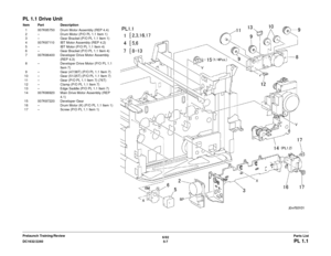 Page 6676/025-7
DC1632/2240
PL 1.1Parts List
Prelaunch Training/Review
PL 1.1 Drive UnitItem Part Description
1 007K85750 Drum Motor Assembly (REP 4.4)
2 – Drum Motor (P/O PL 1.1 Item 1)
3 – Gear Bracket (P/O PL 1.1 Item 1)
4 007K87110 IBT Motor Assembly (REP 4.2)
5 – IBT Motor (P/O PL 1.1 Item 4)
6 – Gear Bracket (P/O PL 1.1 Item 4)
7 007K86400 Developer Drive Motor Assembly  (REP 4.3)
8 – Developer Drive Motor (P/O PL 1.1 
Item 7)
9 – Gear (47/38T) (P/O PL 1.1 Item 7)
10 – Gear (51/25T) (P/O PL 1.1 Item 7)
11...