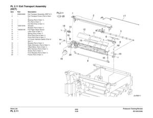 Page 6806/02
5-20 DC1632/2240
PL 2.11
Prelaunch Training/Review
Parts List
PL 2.11 Exit Transport Assembly 
(OCT)Item Part Description
1 059K24690 Exit Transport Assembly (REP 8.7)
2 – Exit Transport Cover (Part of Item  1)
3 – Bearing (Part of Item 1)
4 – Pin (Part of Item 1)
5 – Exit Roll (Part of Item 1)
6 120E18160 Actuator
7 – Bracket (Part of Item 1)
8 130E82190 Full Paper Stack Sensor
9 – Latch (Part of Item 1)
10 – Spring (Part of Item 1) 11 – Pinch Roll (Part of Item 1)
12 – Pinch Roll (Part of Item 1)...