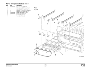 Page 6876/02
5-27
DC1632/2240
PL 4.2Parts List
Prelaunch Training/Review
PL 4.2 Xerographic Module: 2 of 2Item Part Description
1 015K52320 Plate Assembly (REP 9.8)
2 – Wire Harness (P/O PL 4.2 Item 1)
3 – Xero PLate (P/O PL 4.2 Item 1)
4 – Block (M, C, K) (P/O PL 4.2 Item 1)
5 – Block (Y) (P/O PL 4.2 Item 1)
6 122K93330 Erase Lamp w/Rail (Y, M, C)
7 122K93340 Erase Lamp w/Rail (K)
8 – Bracket (Not Spared)
9 – Screw (Not Spared) 