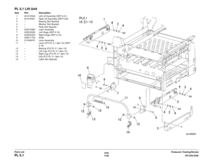 Page 6886/02
5-28 DC1632/2240
PL 5.1
Prelaunch Training/Review
Parts List
PL 5.1 Lift UnitItem Part Description
1 001K70542 Left Lift Assembly (REP 9.21)
2 001K70551 Right Lift Assembly (REP 9.20)
3 – Bearing (Not Spared)
4 – Washer (Not Spared)
5 – Plate (Not Spared)
6 003K12680 Latch Assembly
7 003E52290 Left Hinge (REP 9.19)
8 003E52300 Right Hinge (REP 9.19)
9 006E71740 Shaft
10 011K94970 Lever Assembly 11 – Lever (P/O PL 5.1 Item 10) (REP  9.18)
12 – Bearing (P/O PL 5.1 Item 10)
13 – Left Cap (P/O PL 5.1...