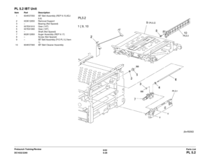 Page 6896/02
5-29
DC1632/2240
PL 5.2Parts List
Prelaunch Training/Review
PL 5.2 IBT UnitItem Part Description
1 604K07050 IBT Belt Assembly (REP 9.15,ADJ  9.6)
2 003K12650 Removal Support
3 – Bearing (Not Spared)
4 007E61910 Gear (14T)
5 007E61890 Gear (18T)
6 – Shaft (Not Spared)
7 802K12950 Auger Assembly (REP 9.17)
8 – Screw (Not Spared)
9 – IBT Belt Assembly (P/O PL 5.2 Item 
1)
10 604K07060 IBT Belt Cleaner Assembly 