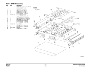 Page 6906/02
5-30 DC1632/2240
PL 5.3
Prelaunch Training/Review
Parts List
PL 5.3 IBT Belt AssemblyItem Part Description
1 – IBT Belt Cleaner Assembly (P/O PL  5.2 Item 1) (REP 9.16)
2 – Blade (P/O PL 5.3 Item 1)
3 – Seal (P/O PL 5.3 Item 1)
4 – Screw (P/O PL 5.3 Item 1)
5 – Spring (P/O PL 5.3 Item 1)
6 – Housing (P/O PL 5.3 Item 1)
7 064K91451 Transfer Belt (ADJ 9.6)
8 – Support (P/O PL 5.2 Item 9)
9 – IBT Frame (P/O PL 5.2 Item 9)
10 – Right Handle (P/O PL 5.2 Item 9) 11 – Left Handle (P/O PL 5.2 Item 9)
12 –...