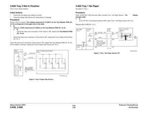 Page 706/02
2-40DC1632/2240
3-949, 3-950
Prelaunch Training/Review Status Indicator RAPs
3-949 Tray 4 Not In PositionTray 4 not in ready position.Initial Actionsï Check that the paper size setting is correct.
ï Check the Paper Size Sensor for obstructions or damage.ProcedureEnsure Tray 4 is closed. The voltage measured at P/J548-5 on the Tray Module PWB (PL
16.15) corresponds to the paper size in the table.
YN
There is +5VDC measured at P/J548-6 on the Tray Module PWB (PL 16.15)
YN
Check the wires and...