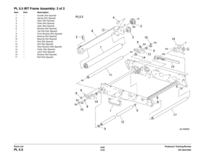 Page 6926/02
5-32 DC1632/2240
PL 5.5
Prelaunch Training/Review
Parts List
PL 5.5 IBT Frame Assembly: 2 of 2Item Part Description
1 – Handle (Not Spared)
2 – Spring (Not Spared)
3 – Gear (Not Spared)
4 – Plate (Not Spared)
5 – Gear (Not Spared)
6 – Bracket (Not Spared)
7 – Top Roll (Not Spared)
8 – Front Bracket (Not Spared)
9 – Bearing (Not Spared)
10 – Bearing (Not Spared) 11 – Roll (Not Spared)
12 – Roll (Not Spared)
13 – Rear Bracket (Not Spared)
14 – Collar (Not Spared)
15 – Latch (Not Spared)
16 – Bracket...