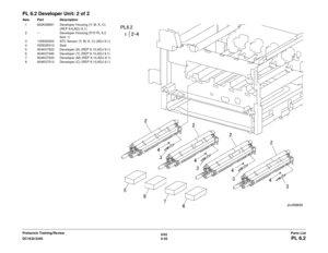 Page 6956/02
5-35
DC1632/2240
PL 6.2Parts List
Prelaunch Training/Review
PL 6.2 Developer Unit: 2 of 2Item Part Description
1 802K28891 Developer Housing (Y, M, K, C)  (REP 9.9,ADJ 9.1)
2 – Developer Housing (P/O PL 6.2 
Item 1)
3 130K63000 ATC Sensor (Y, M, K, C) (ADJ 9.1)
4 035E65010 Seal
5 604K07520 Developer (K) (REP 9.10,ADJ 9.1)
6 604K07490 Developer (Y) (REP 9.10,ADJ 9.1)
7 604K07500 Developer (M) (REP 9.10,ADJ 9.1)
8 604K07510 Developer (C) (REP 9.10,ADJ 9.1) 