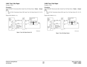 Page 716/02
2-41 DC1632/2240
3-951, 3-952
Status Indicator RAPs Prelaunch Training/Review
3-951 Tray 2 No PaperNo paper in Tray 2ProcedureEnter dC330 [007-121] and press Start. Actuate Tray 2 No Paper Sensor.  Display changes
state.
YN
Go to OF 99-2 Transmissive Sensor RAP, repair Tray 2 No Paper Sensor (PL 15.3, PL
16.7). 
Replace MCU PWB (PL 13.1). 
Figure 1 Tray 2 No Paper Sensor CD
3-952 Tray 3 No PaperNo paper in Tray 3ProcedureEnter dC330 [007-122] and press Start. Actuate Tray 3 No Paper Sensor.  Display...