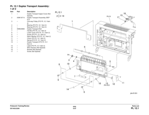 Page 7076/02
5-47
DC1632/2240
PL 12.1Parts List
Prelaunch Training/Review
PL 12.1 Duplex Transport Assembly: 
1 of 2Item Part Description
1 – Duplex Transport Upper Cover (Not  Spared)
2 059K18714 Duplex Transport Assembly (REP  8.3)
3 – One-way Pulley (P/O PL 12.1 Item  2)
4 – Bearing (P/O PL 12.1 Item 2)
5 – Bearing (P/O PL 12.1 Item 2)
6 059K23960 Duplex Transport Roll
7 – Handle (P/O PL 12.1 Item 2)
8 – Lower Cover (P/O PL 12.1 Item 2)
9 – Screw (P/O PL 12.1 Item 2)
10 – Nylon Washer (P/O PL 12.1 Item 2)
11...