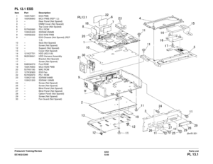 Page 7096/02
5-49
DC1632/2240
PL 13.1Parts List
Prelaunch Training/Review
PL 13.1 ESSItem Part Description
1 160K74231 ESS PWB
2 160K90840 MCU PWB (REP 1.2)
3 – Rear Panel (Not Spared)
4 – DIMM Cover (Not Spared)
5 – Top Cover (Not Spared)
6 537K62680 PS-2 ROM
7 133K22400 SDRAM 256MB
8 160K82222 ESS NVM PWB
9 – ESS Chassis (Not Spared) (REP  1.3)
10 – Seal (Not Spared) 11 – Screw (Not Spared)
12 – Support (Not Spared)
13 – Cover (Not Spared)
14 121K27751 HDD (ADJ 9.8)
15 962K08641 HDD Harness Assembly
16 –...