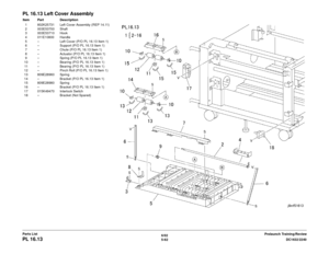 Page 7226/02
5-62 DC1632/2240
PL 16.13
Prelaunch Training/Review
Parts List
PL 16.13 Left Cover AssemblyItem Part Description
1 802K25731 Left Cover Assembly (REP 14.11)
2 003E53700 Shaft
3 003E53710 Hook
4 011E10800 Handle
5 – Left Cover (P/O PL 16.13 Item 1)
6 – Support (P/O PL 16.13 Item 1)
7 – Chute (P/O PL 16.13 Item 1)
8 – Actuator (P/O PL 16.13 Item 1)
9 – Spring (P/O PL 16.13 Item 1)
10 – Bearing (P/O PL 16.13 Item 1) 11 – Bearing (P/O PL 16.13 Item 1)
12 – Pinch Roll (P/O PL 16.13 Item 1)
13 809E28960...