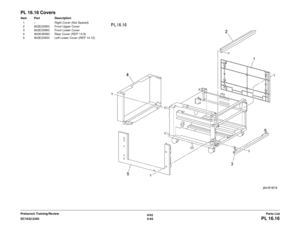 Page 7256/02
5-65
DC1632/2240
PL 16.16
Parts List
Prelaunch Training/Review
PL 16.16 CoversItem Part Description
1 – Right Cover (Not Spared)
2 802E23950 Front Upper Cover
3 802E23960 Front Lower Cover
4 802K36580 Rear Cover (REP 14.9)
5 802E23930 Left Lower Cover (REP 14.12) 