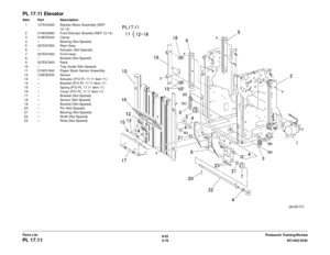 Page 7366/02
5-76 DC1632/2240
PL 17.11
Prelaunch Training/Review
Parts List
PL 17.11 ElevatorItem Part Description
1 127K33420 Stacker Motor Assembly (REP  12.13)
2 015K50680 Front Elevator Bracket (REP 12.14)
3 019E50340 Clamp
4 – Bearing (Not Spared)
5 007E67830 Rear Gear
6 – Actuator (Not Spared)
7 007E67840 Front Gear
8 – Bracket (Not Spared)
9 007E67820 Rack
10 – Tray Guide (Not Spared) 11 015K51640 Paper Stack Sensor Assembly
12 130E82530 Sensor
13 – Actuator (P/O PL 17.11 Item 11)
14 – Bracket (P/O PL...