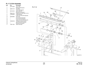 Page 7376/02
5-77
DC1632/2240
PL 17.12
Parts List
Prelaunch Training/Review
PL 17.12 Exit AssemblyItem Part Description
1 007E72080 Gear (48Z)
2 – Bearing (Not Spared)
3 006K21720 Exit Shaft
4 – Collar (Not Spared)
5 007E72070 Gear (32Z/18T)
6 – Bearing (Not Spared)
7 006K21970 Paddle Gear Shaft (REP 12.15)
8 013E20250 Paddle Bearing
9 – Lower Exit Chute (Not Spared)
10 022K65880 Pinch Roll 11 – Pinch Roll (Not Spared)
12 – Pinch Roll (Not Spared)
13 – Upper Exit Chute (Not Spared)
14 130K94740 Compiler Entrance...