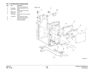 Page 7386/02
5-78 DC1632/2240
PL 17.13
Prelaunch Training/Review
Parts List
PL 17.13 Electrical ComponentsItem Part Description
1 – PWB Cover (Not Spared)
2 160K76660 Finisher PWB (REP 12.16)
3 537K64070 ROM
4 – PWB Bracket (Not Spared)
5 962K10120 DC Harness
6 962K10130 Cable
7 110E97990 Top Cover/Front Door Interlock  Switch
8 130E82530 Docking Interlock Switch
9 – Spring Plate (Not Spared)
10 – Bracket (Not Spared) 11 – Plate (Not Spared) 