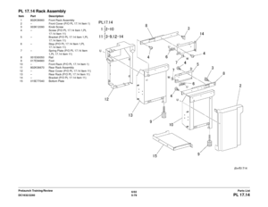 Page 7396/02
5-79
DC1632/2240
PL 17.14
Parts List
Prelaunch Training/Review
PL 17.14 Rack AssemblyItem Part Description
1 802K36660 Front Rack Assembly
2 – Front Cover (P/O PL 17.14 Item 1)
3 003K12090 Knob Screw
4 – Screw (P/O PL 17.14 Item 1,PL  17.14 Item 11)
5 – Bracket (P/O PL 17.14 Item 1,PL 
17.14 Item 11)
6 – Stop (P/O PL 17.14 Item 1,PL  17.14 Item 11)
7 – Spring Plate (P/O PL 17.14 Item  1,PL 17.14 Item 11)
8 001E60050 Rail
9 017E94660 Foot
10 – Front Rack (P/O PL 17.14 Item 1) 11 802K36670 Rear Rack...