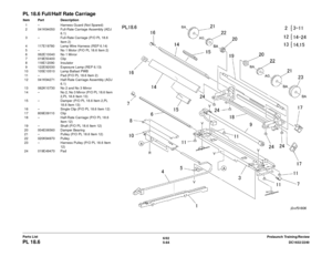 Page 7446/02
5-84 DC1632/2240
PL 18.6
Prelaunch Training/Review
Parts List
PL 18.6 Full/Half Rate CarriageItem Part Description
1 – Harness Guard (Not Spared)
2 041K94050 Full-Rate Carriage Assembly (ADJ  6.1)
3 – Full-Rate Carriage (P/O PL 18.6  Item 2)
4 117E19780 Lamp Wire Harness (REP 6.14)
5 – No 1 Motor (P/O PL 18.6 Item 2)
6 062E10040 No 1 Mirror
7 019E50400 Clip
8 118E12090 Insulator
9 122E92030 Exposure Lamp (REP 6.13)
10 105E10510 Lamp Ballast PWB
11 – Pad (P/O PL 18.6 Item 2)
12 041K94271 Half-Rate...