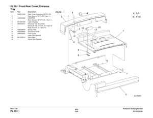 Page 7466/02
5-86 DC1632/2240
PL 20.1
Prelaunch Training/Review
Parts List
PL 20.1 Front/Rear Cover, Entrance 
Tra yItem Part Description
1 048K76180 Rear Cover Assembly (REP 5.18)
2 – Rear Cover (P/O PL 20.1 Item 1)
3 140K60480 LED PWB
4 – Wire Harness (P/O PL 20.1 Item 1)
5 891E65180 Label (Display)
6 050K36410 Entrance Tray Assembly
7 – Entrance Tray (P/O PL 20.1 Item 6)
8 – Plate (P/O PL 20.1 Item 6)
9 009E26870 Spring Plate
10 032K93800 Document Guide
11 048E64200 Front Cover
12 – Label (Not Spared)
13...