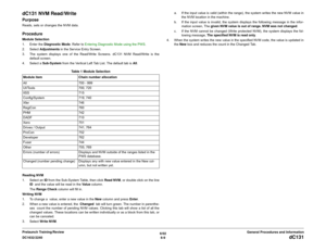 Page 7736/02
6-9 DC1632/2240
dC131
General Procedures and Information Prelaunch Training/Review
dC131 NVM Read/WritePurposeReads, sets or changes the NVM data.ProcedureModule Selection
1. Enter the Diagnostic Mode. Refer to Entering Diagnostic Mode using the PWS.
2. Select Adjustments in the Service Entry Screen.
3. The system displays one of the Read/Write Screens. dC131 NVM Read/Write is the
default screen.
4. Select a Sub-System from the Vertical Left Tab List. The default tab is All.
Reading NVM
1. Select an...